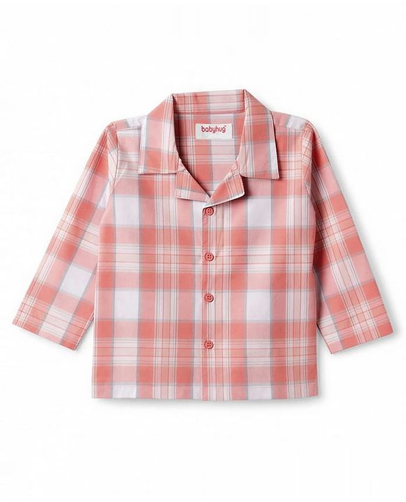 Babyhug Cotton Woven Full Sleeves Checked Co-Ords Shirt & Pyjama Night Suit - Coral