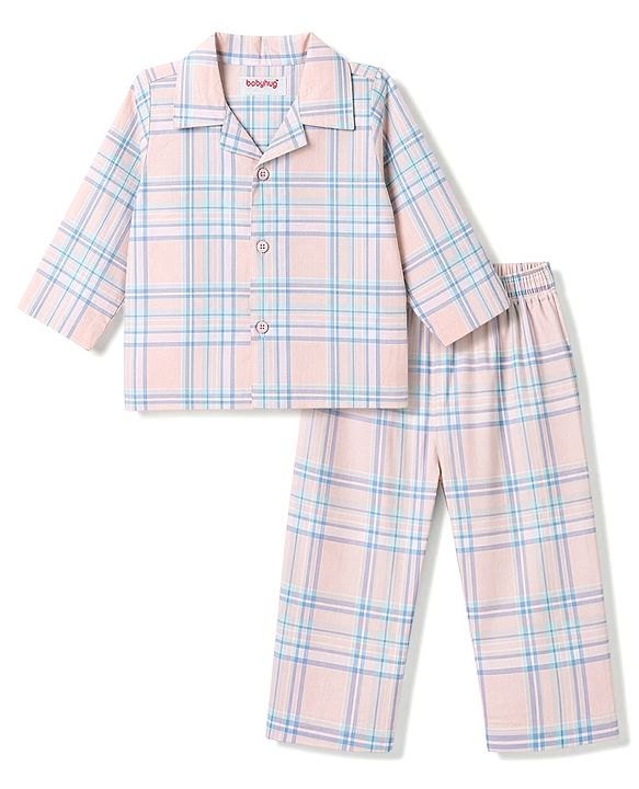 Babyhug Cotton Knit Full Sleeves Shirt & Pyjama Night Suit with Checks - Peach & Blue