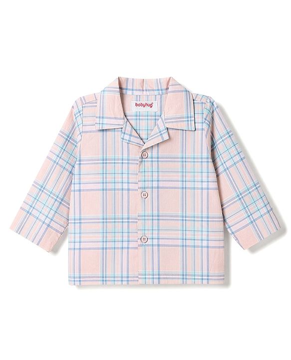 Babyhug Cotton Knit Full Sleeves Shirt & Pyjama Night Suit with Checks - Peach & Blue