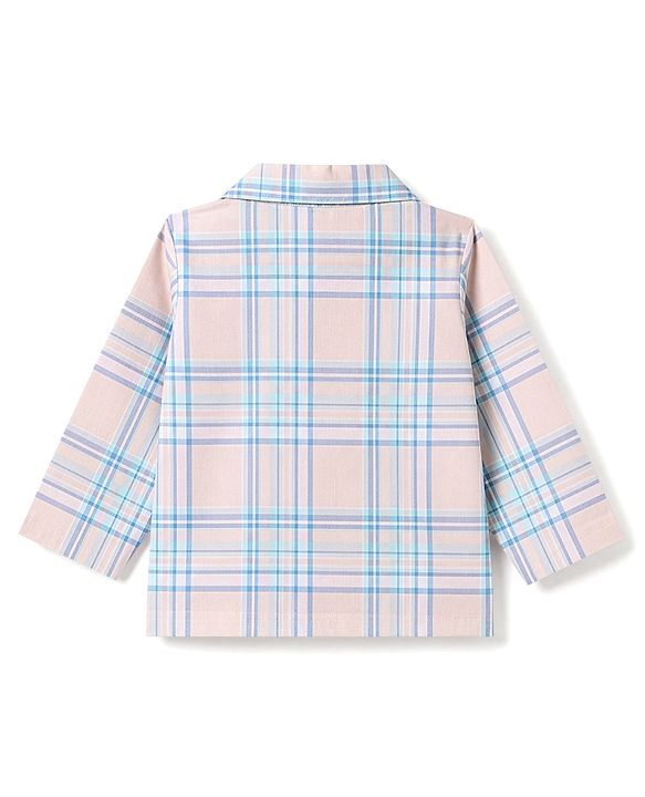 Babyhug Cotton Knit Full Sleeves Shirt & Pyjama Night Suit with Checks - Peach & Blue