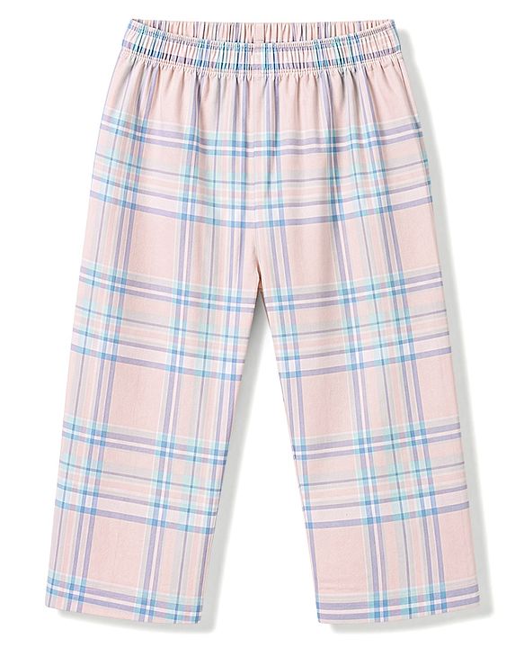 Babyhug Cotton Knit Full Sleeves Shirt & Pyjama Night Suit with Checks - Peach & Blue