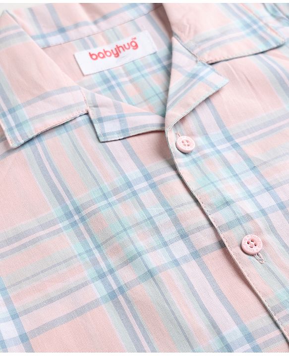 Babyhug Cotton Knit Full Sleeves Shirt & Pyjama Night Suit with Checks - Peach & Blue