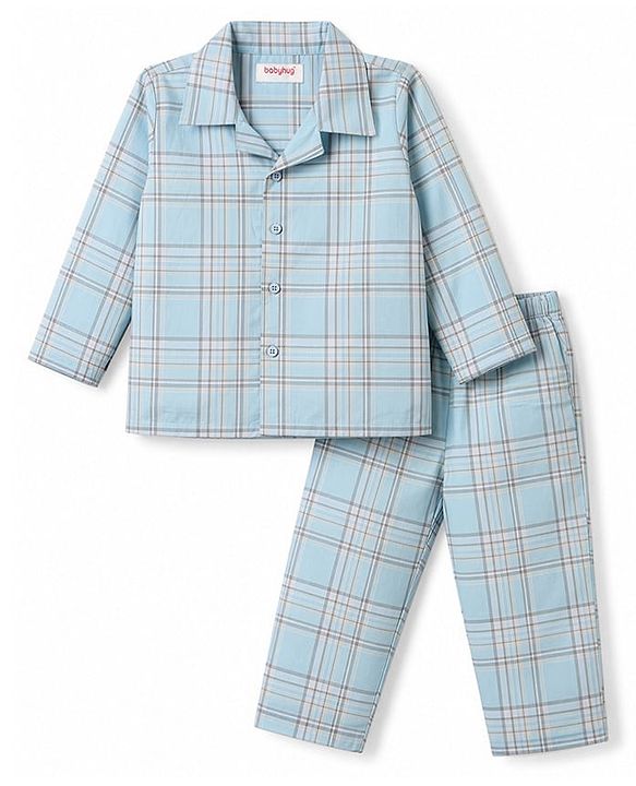 Babyhug Cotton Knit Full Sleeves Shirt & Pyjama Night Suit with Checks - Light Blue