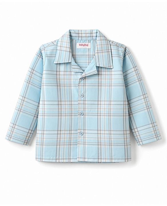 Babyhug Cotton Knit Full Sleeves Shirt & Pyjama Night Suit with Checks - Light Blue