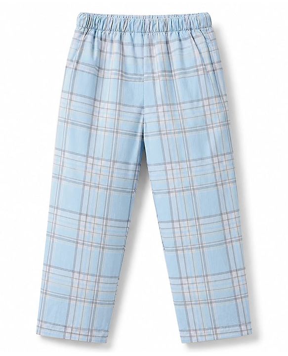 Babyhug Cotton Knit Full Sleeves Shirt & Pyjama Night Suit with Checks - Light Blue