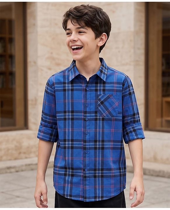 Pine Kids Cotton Woven Checks Shirt Full Sleeves Blue 4-5 Years