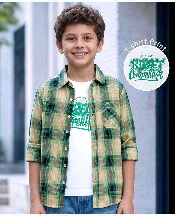 Pine Kids Cotton Woven Full Sleeves Checks Shirt & Printed T-Shirt - Green
