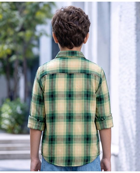 Pine Kids Cotton Woven Full Sleeves Checks Shirt & Printed T-Shirt - Green