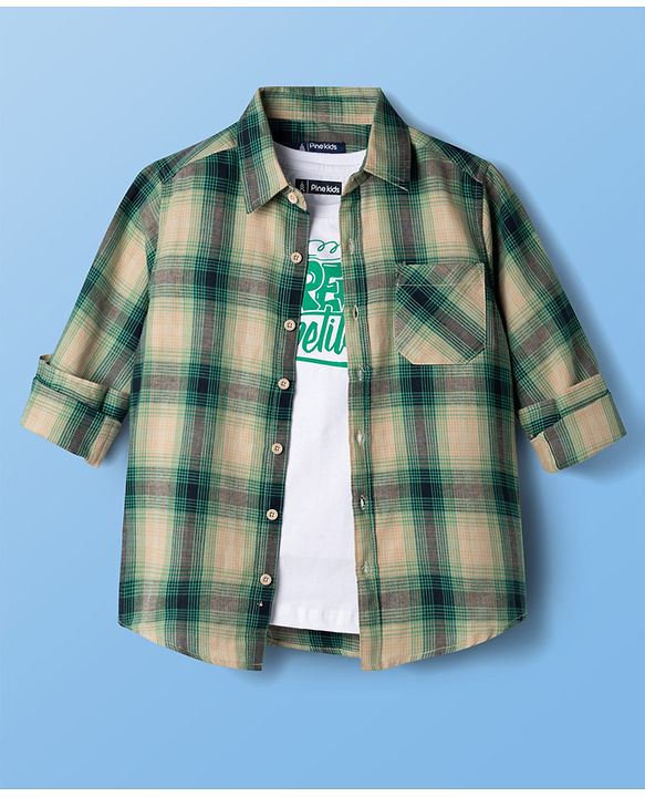 Pine Kids Cotton Woven Full Sleeves Checks Shirt & Printed T-Shirt - Green