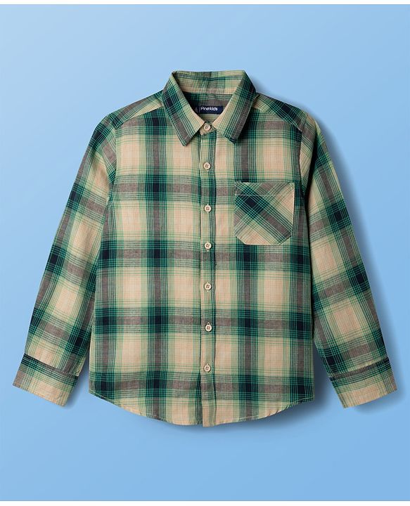 Pine Kids Cotton Woven Full Sleeves Checks Shirt & Printed T-Shirt - Green