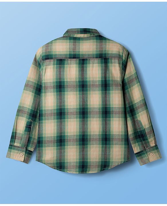 Pine Kids Cotton Woven Full Sleeves Checks Shirt & Printed T-Shirt - Green