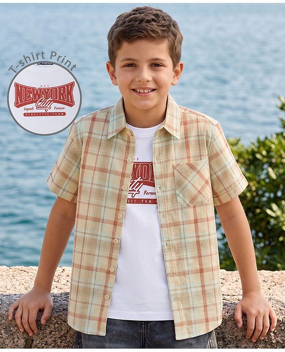 Pine Kids Cotton Woven Half Sleeves Checks Shirt With Printed T-Shirt - Multicolor