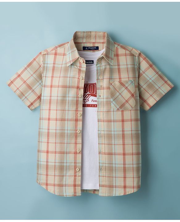 Pine Kids Cotton Woven Half Sleeves Checks Shirt With Printed T-Shirt - Multicolor
