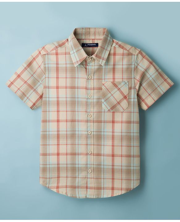 Pine Kids Cotton Woven Half Sleeves Checks Shirt With Printed T-Shirt - Multicolor