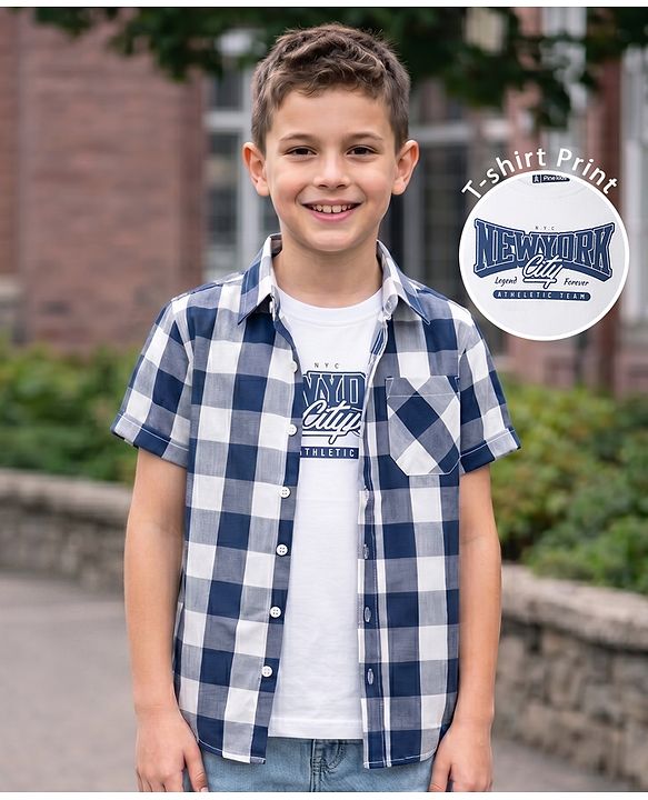 Pine Kids Cotton Woven Half Sleeves Checks Shirt With Printed T-Shirt - Multicolor