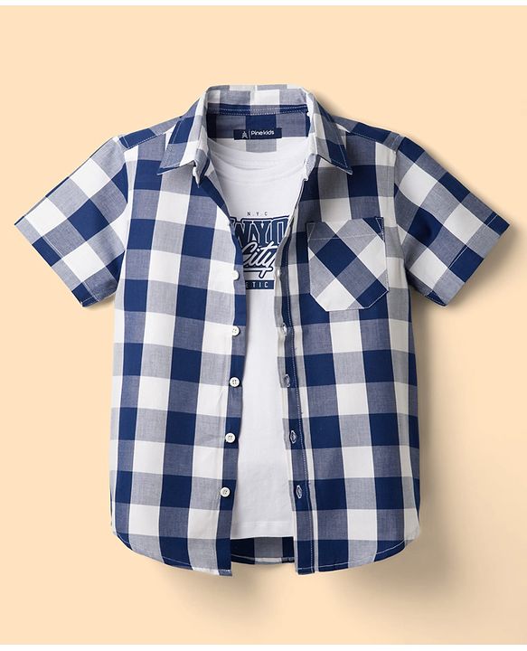 Pine Kids Cotton Woven Half Sleeves Checks Shirt With Printed T-Shirt - Multicolor
