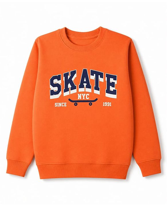 Pine Kids Cotton Knit Sweatshirt with Full Sleeves and Skate Text Print - Orange
