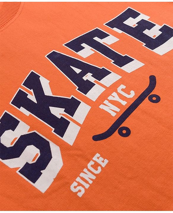 Pine Kids Cotton Knit Sweatshirt with Full Sleeves and Skate Text Print - Orange