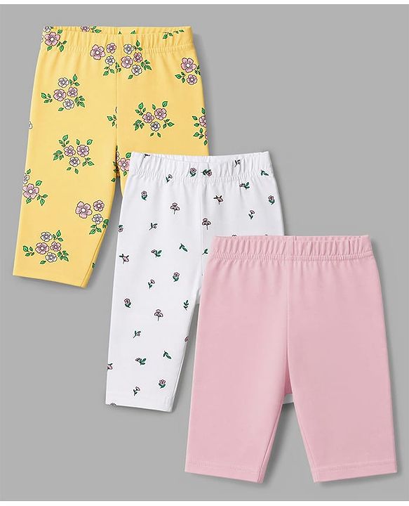 Babyhug Cotton Knit Three Fourth Leggings & Pants With Floral Print Pack of 3 - Pink Yellow & White