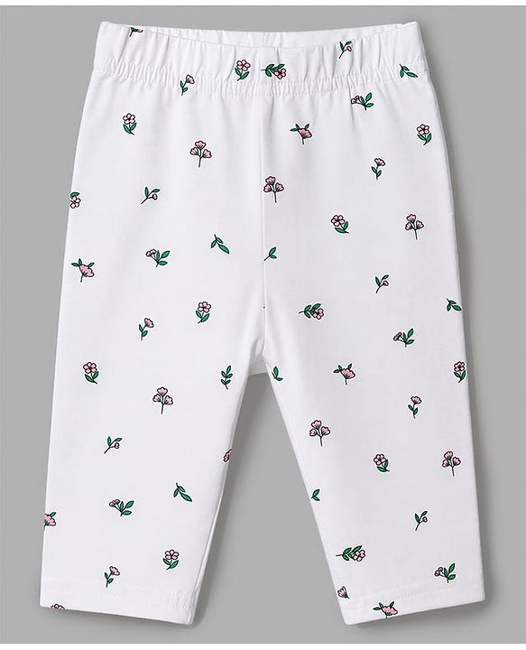 Babyhug Cotton Knit Three Fourth Leggings & Pants With Floral Print Pack of 3 - Pink Yellow & White