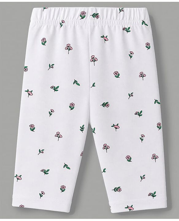 Babyhug Cotton Knit Three Fourth Leggings & Pants With Floral Print Pack of 3 - Pink Yellow & White