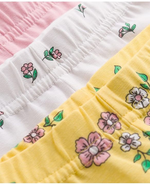 Babyhug Cotton Knit Three Fourth Leggings & Pants With Floral Print Pack of 3 - Pink Yellow & White