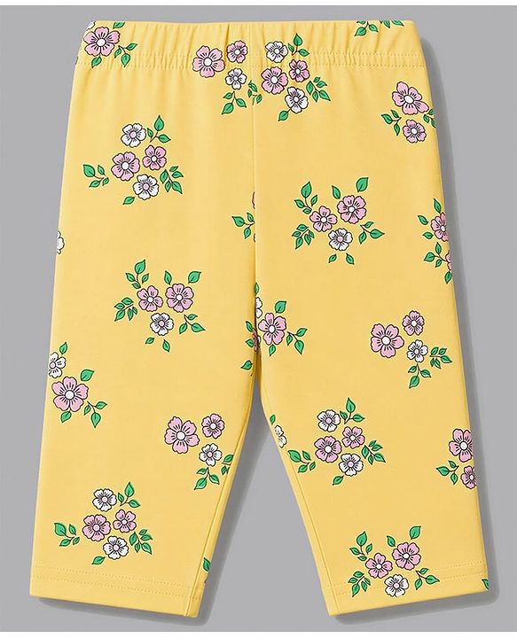 Babyhug Cotton Knit Three Fourth Leggings & Pants With Floral Print Pack of 3 - Pink Yellow & White