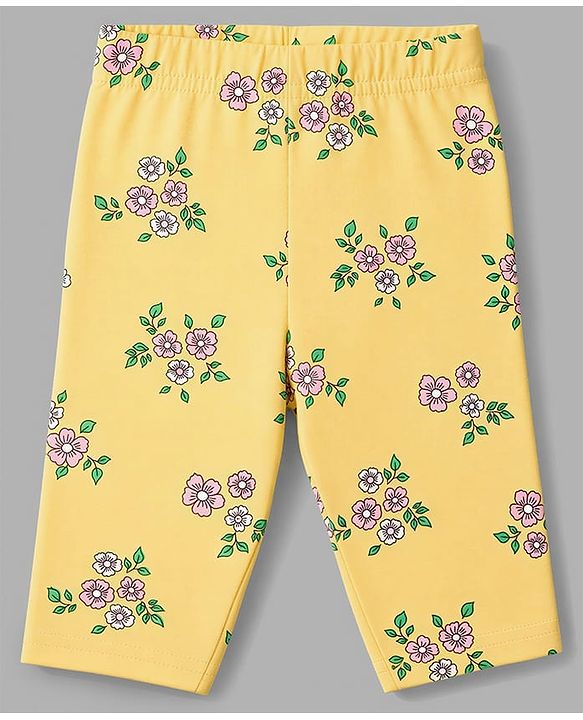 Babyhug Cotton Knit Three Fourth Leggings & Pants With Floral Print Pack of 3 - Pink Yellow & White