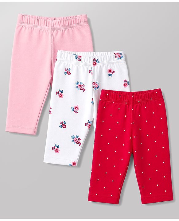 Babyhug Cotton Knit Three Fourth Leggings With Polka Dot & Floral Print Pack of 3 - Red White & Pink