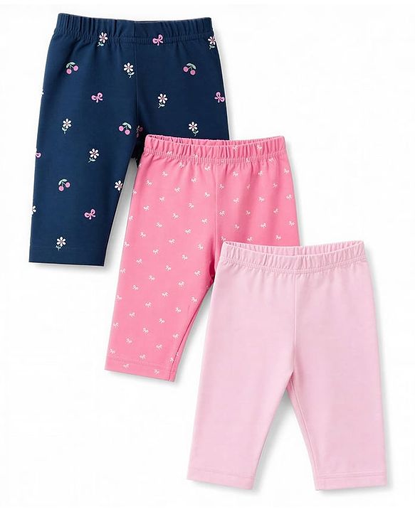 Babyhug Cotton Knit Three Fourth Leggings With Floral & Berry Print Pack of 3 - Navy & Pink