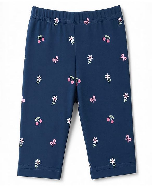Babyhug Cotton Knit Three Fourth Leggings With Floral & Berry Print Pack of 3 - Navy & Pink
