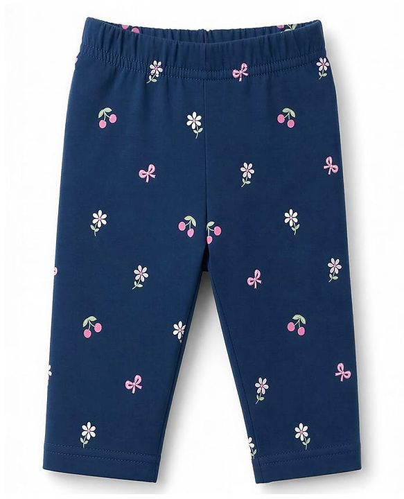 Babyhug Cotton Knit Three Fourth Leggings With Floral & Berry Print Pack of 3 - Navy & Pink