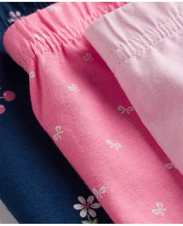 Babyhug Cotton Knit Three Fourth Leggings With Floral & Berry Print Pack of 3 - Navy & Pink