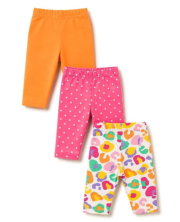 Babyhug Cotton Knit Knee Length Floral Printed Three Fourth Leggings Pack Of 3 - Red Mustard & White