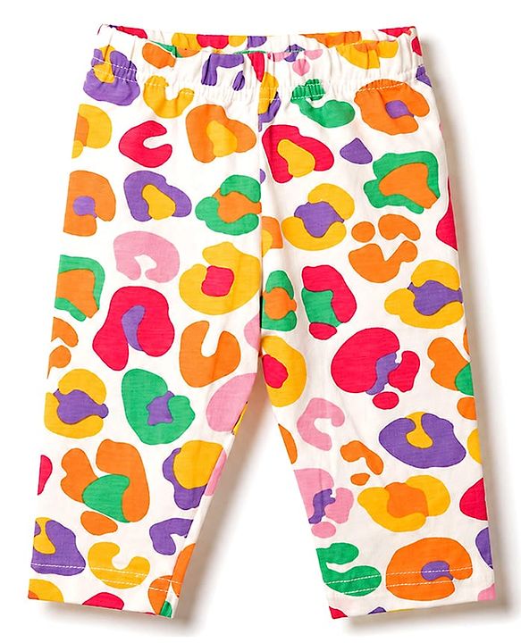 Babyhug Cotton Knit Knee Length Floral Printed Three Fourth Leggings Pack Of 3 - Red Mustard & White