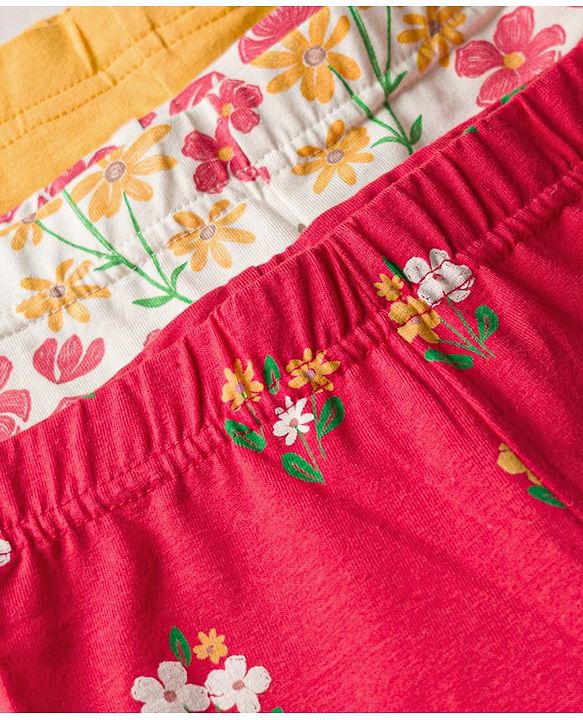 Babyhug Cotton Knit Knee Length Floral Printed Three Fourth Leggings Pack Of 3 - Red Mustard & White