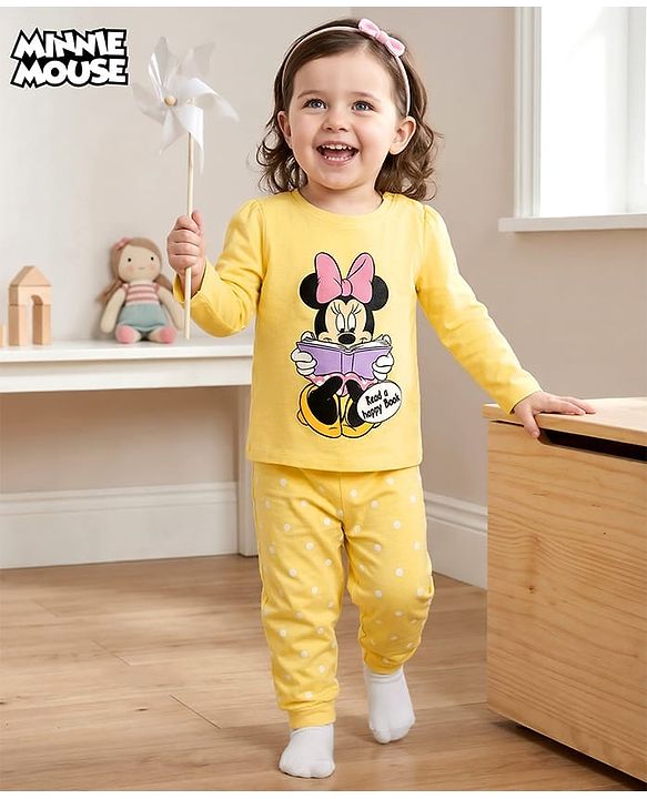 Babyhug Disney Full Sleeves T-Shirt & Pyjama Night-Suit With Minnie Mouse Graphics - Yellow