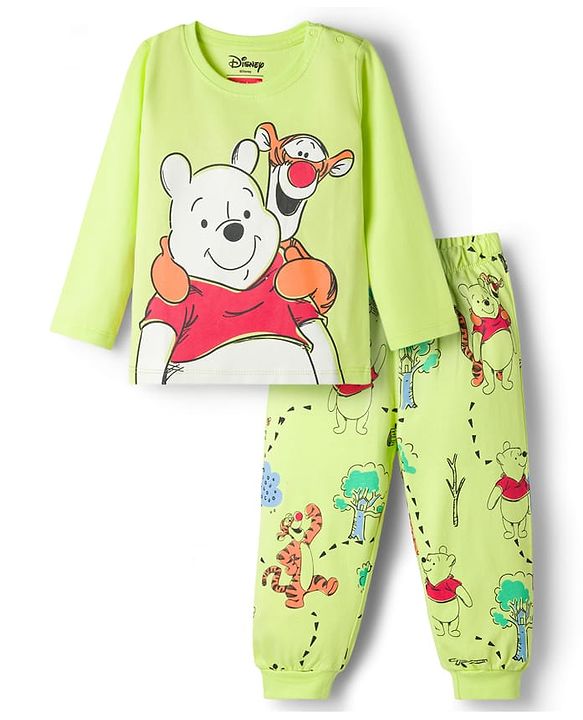 Babyhug Disney Single Jersey Knit Full Sleeves T-Shirt & Pyjama Night-Suit With Winnie The Pooh Graphics - Neon Green