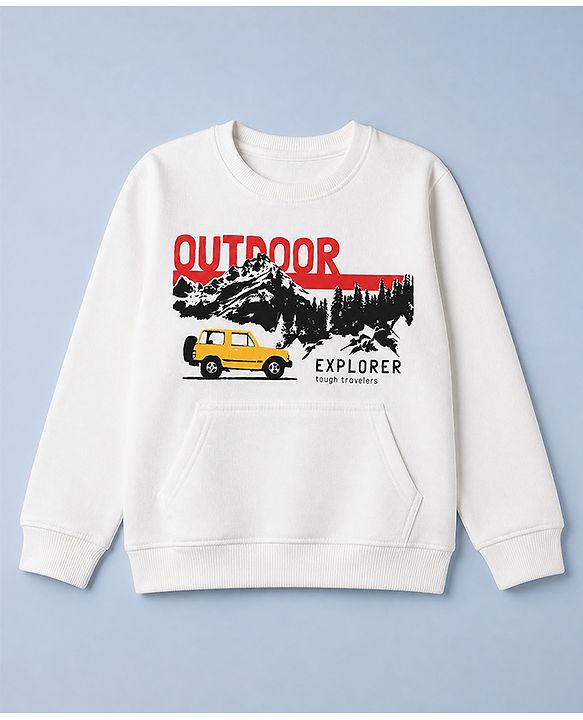 Pine Kids Cotton Mix Knit Sweatshirt with Full Sleeves and Outdoor Explorer Print in White