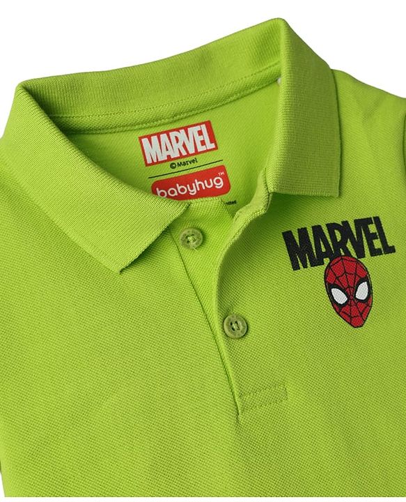 Babyhug Marvel Cotton Knit Half Sleeves Polo T-Shirt With Spider Man Print - Green