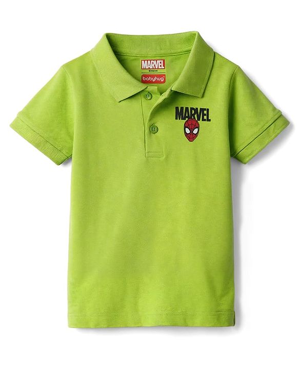Babyhug Marvel Cotton Knit Half Sleeves Polo T-Shirt With Spider Man Print - Green