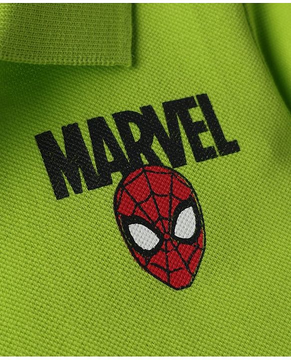 Babyhug Marvel Cotton Knit Half Sleeves Polo T-Shirt With Spider Man Print - Green