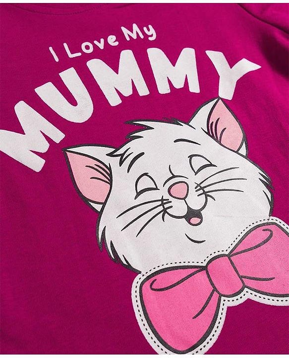 Babyhug Disney Single Jersey Knit Full Sleeves T-Shirt & Pyjama Night Suit With Polka Dots & Marie Graphics - Dark Pink