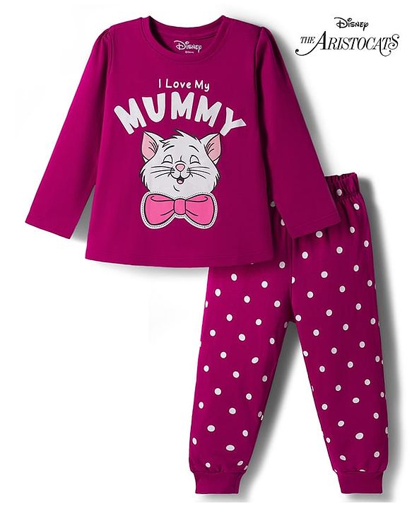 Babyhug Disney Single Jersey Knit Full Sleeves T-Shirt & Pyjama Night Suit With Polka Dots & Marie Graphics - Dark Pink