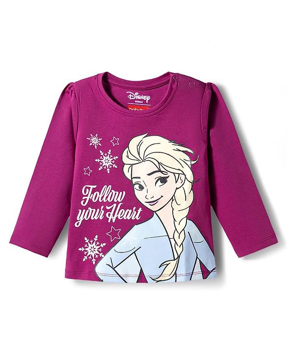 Babyhug Disney Single Jersey Knit Full Sleeves T-Shirt & Pyjama Night Suit with Elsa Graphics - Purple