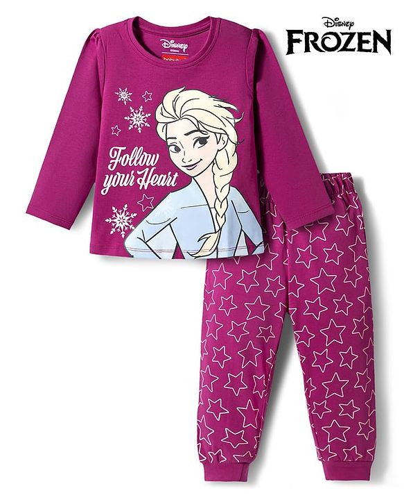 Babyhug Disney Single Jersey Knit Full Sleeves T-Shirt & Pyjama Night Suit with Elsa Graphics - Purple