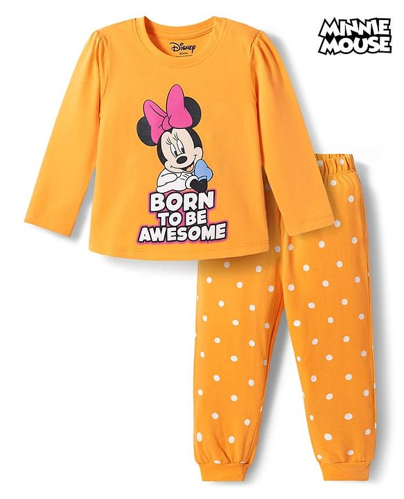 Babyhug Disney Single Jersey Knit Full Sleeves T-Shirt & Pyjama Night Suit with Minnie Mouse Graphics - Orange