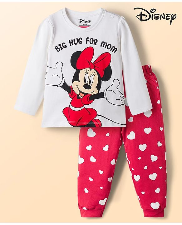Babyhug Disney Single Jersey Knit Full Sleeves T-Shirt & Pyjama Night Suit With Minnie Mouse Graphic - Red