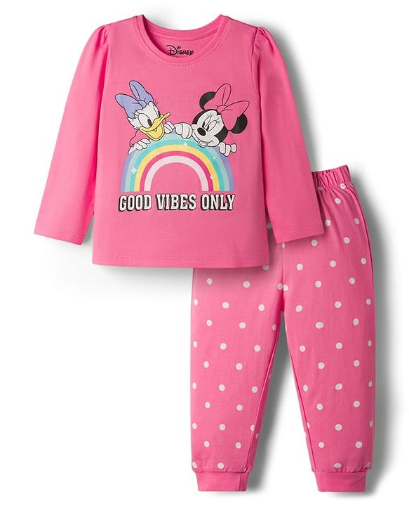 Babyhug Disney Single Jersey Knit Full Sleeves T-Shirt & Pyjama Night-Suit With Minnie Mouse Graphics - Pink