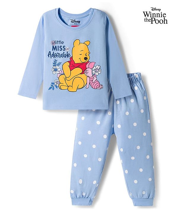 Babyhug Single Jersey Knit Full Sleeves T-Shirt & Pyjama Night Suit With Polka Dots & Winnie The Pooh Graphics - Blue